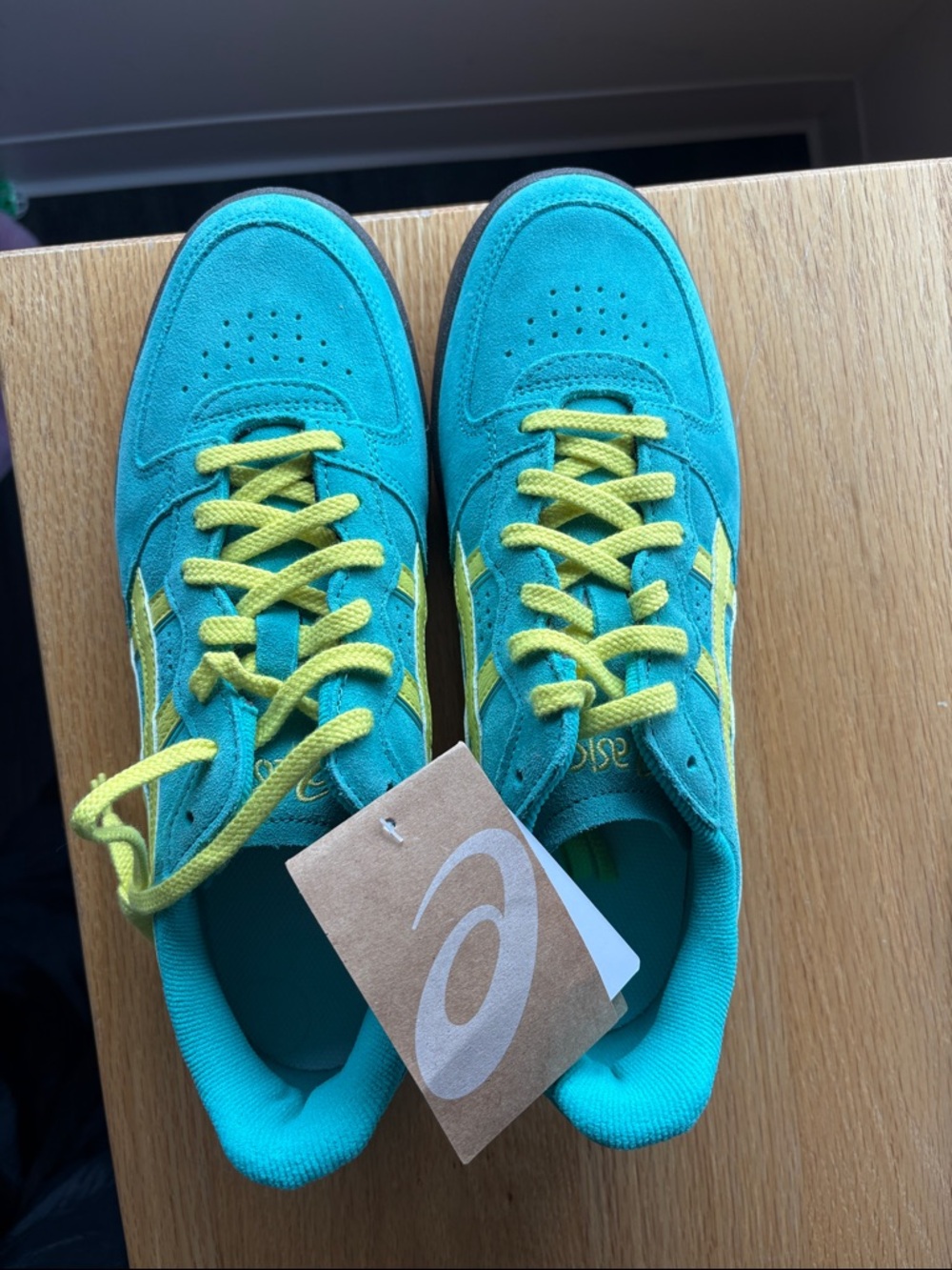 Asics Skyhand Teal Suede Sneakers with Yellow Lace & Stripes